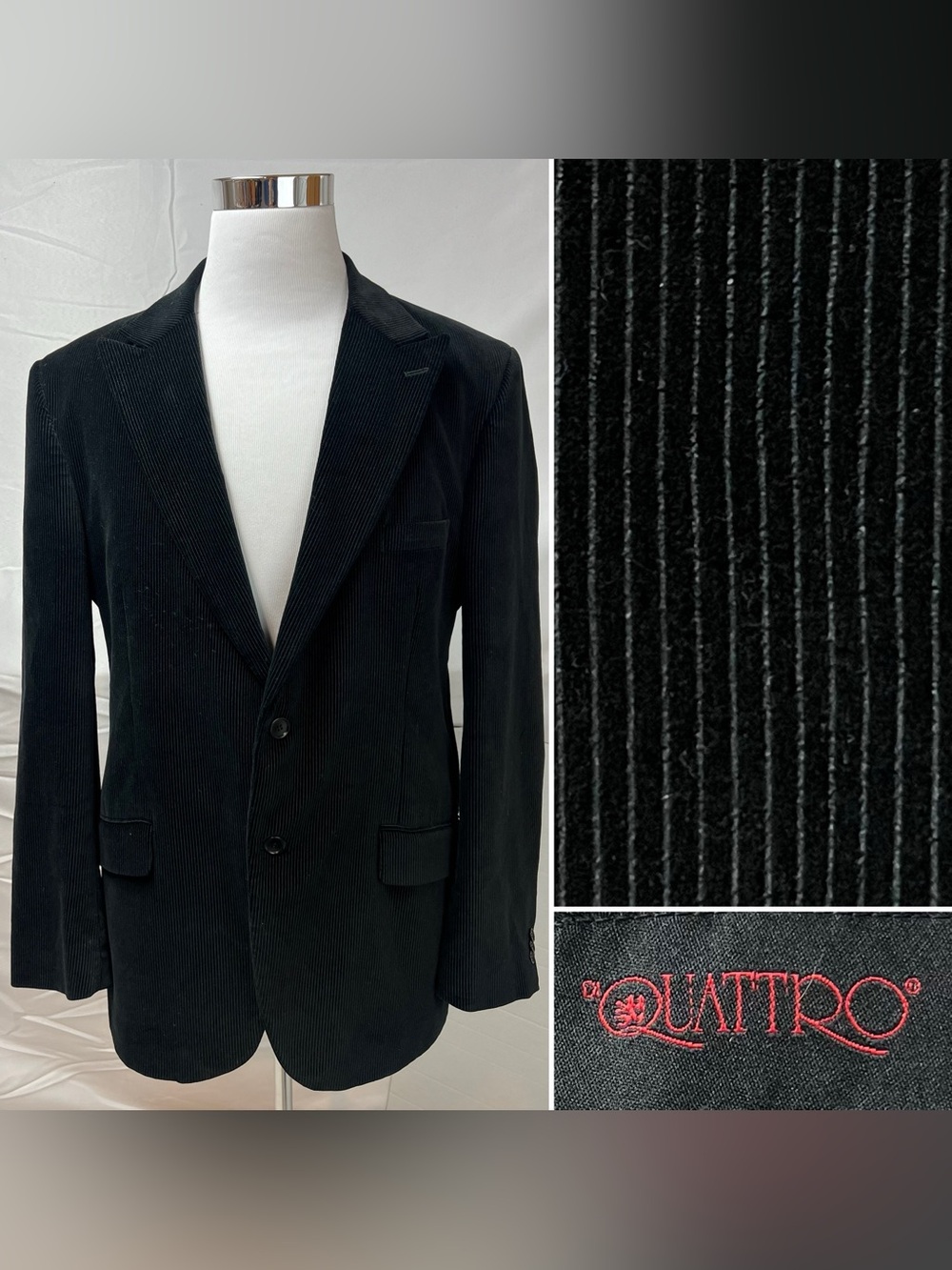 Quattro Men's XXL Black Velvet 100% Cotton Pinstripe Blazer Jacket Sport Coat